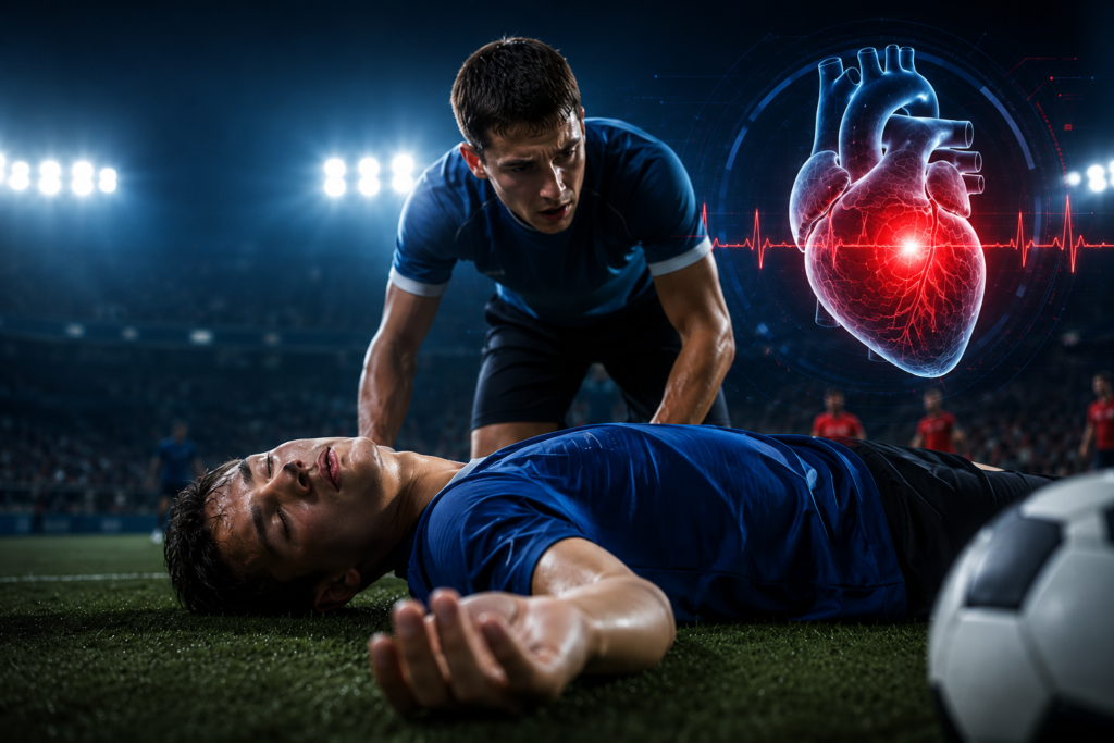 Young athlete collapsed on a football field with a medical illustration of the heart and ECG, representing sudden cardiac arrest in athletes.