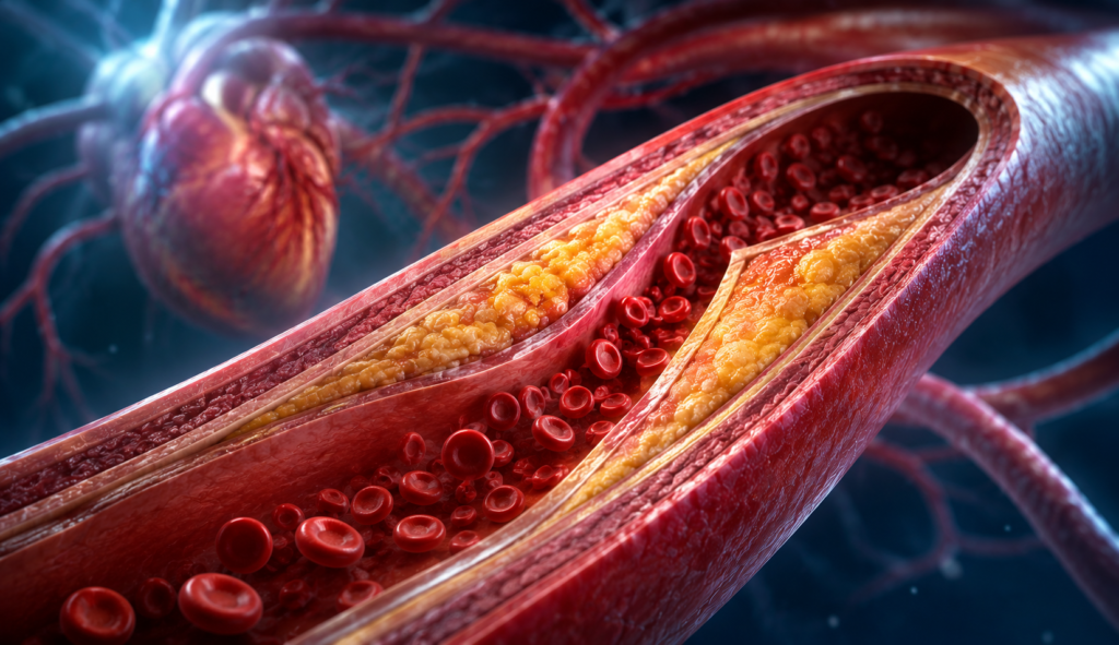 3D medical illustration of an artery narrowed by atherosclerotic plaque, showing reduced blood flow and red blood cells.