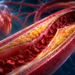 3D medical illustration of an artery narrowed by atherosclerotic plaque, showing reduced blood flow and red blood cells.