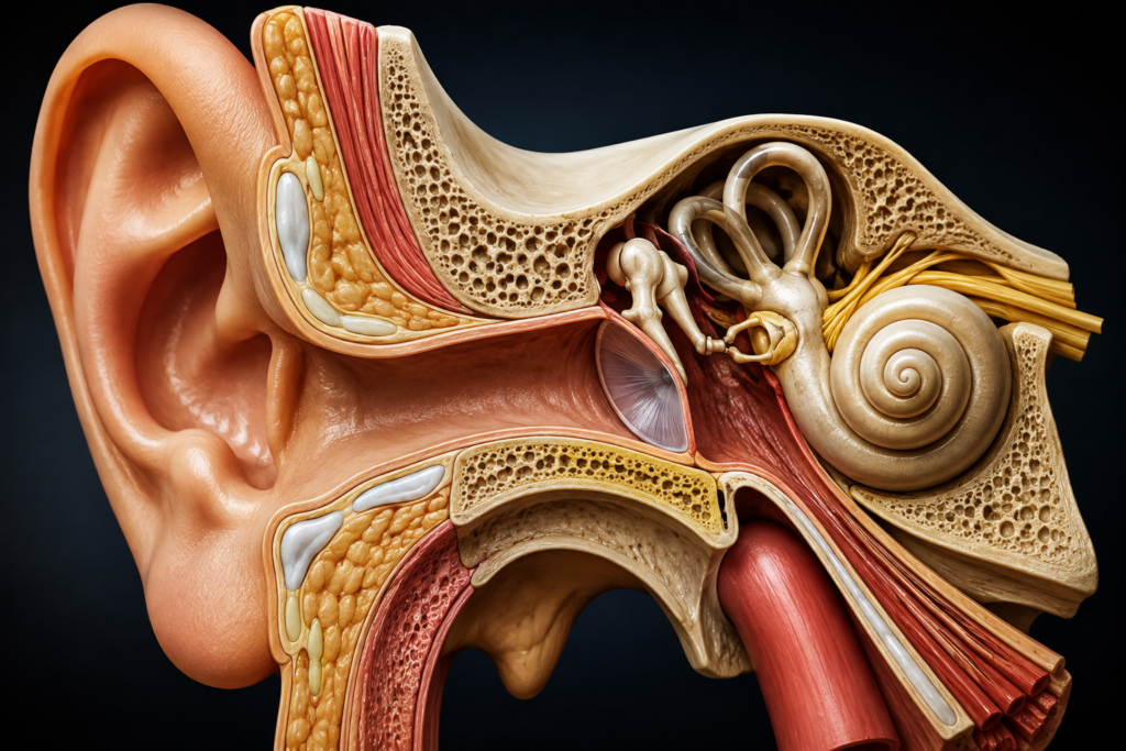 3D medical illustration of human ear anatomy showing the outer ear, middle ear, cochlea and auditory pathway