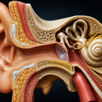 3D medical illustration of human ear anatomy showing the outer ear, middle ear, cochlea and auditory pathway