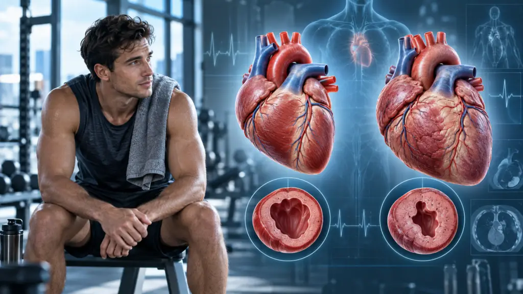 Athlete beside medical illustrations comparing a normal heart with a thickened muscular heart