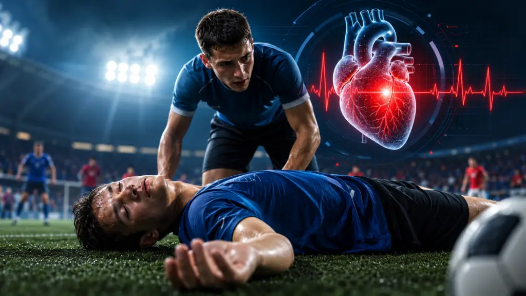 Young athlete collapsed on a sports field with a medical heart illustration representing sudden cardiac arrest