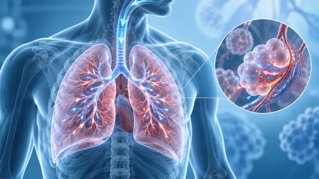Medical illustration of human lungs showing airflow through the airways and gas exchange in the alveoli