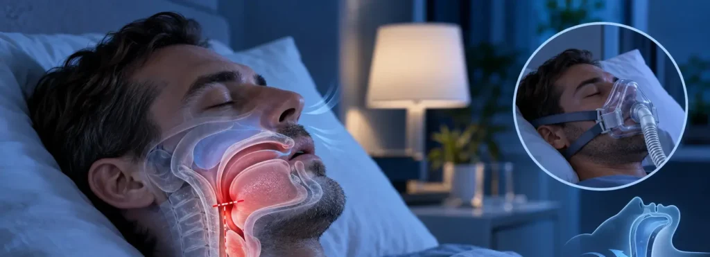 Sleeping man with obstructed upper airway illustration and CPAP therapy for sleep apnea