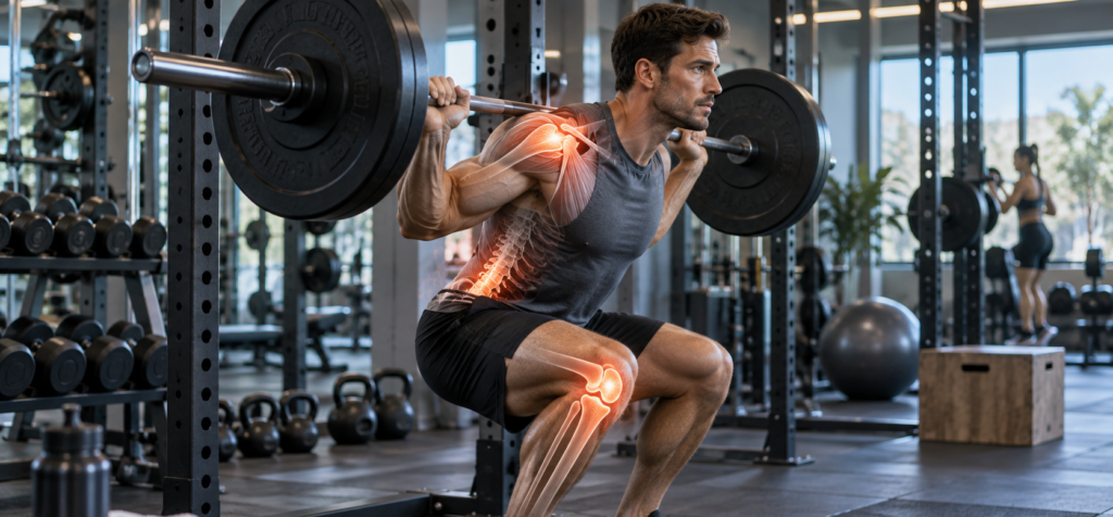 Common gym injuries affecting the shoulder, lower back and knee during strength training