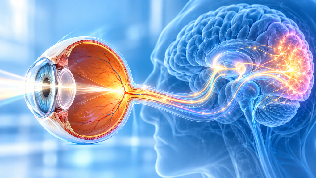 Medical illustration showing visual signals traveling from the retina through the optic nerve to the brain’s visual cortex.