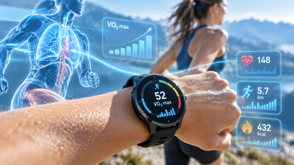 Smartwatch displaying an estimated VO₂ max of 52 during running, with heart rate, distance, and fitness metrics illustrating wearable technology for tracking cardiorespiratory fitness.