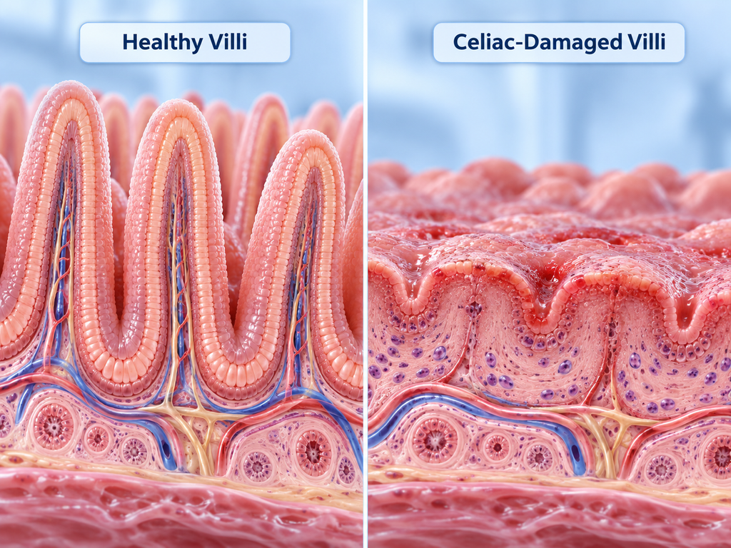 3D medical comparison of healthy intestinal villi and flattened, damaged villi caused by celiac disease.