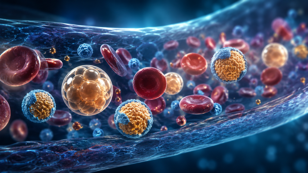 Cholesterol particles circulating through the bloodstream near the heart and arteries