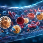 Cholesterol particles circulating through the bloodstream near the heart and arteries