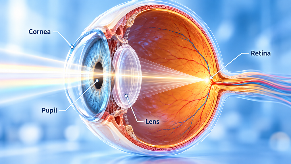 Illustration showing how light travels through the eye toward the retina to produce vision.