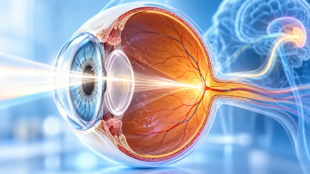 Human eye anatomy showing how light enters the eye and is processed into vision.