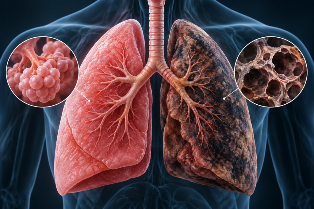 How smoking damages your lungs compared with healthy lungs and alveoli