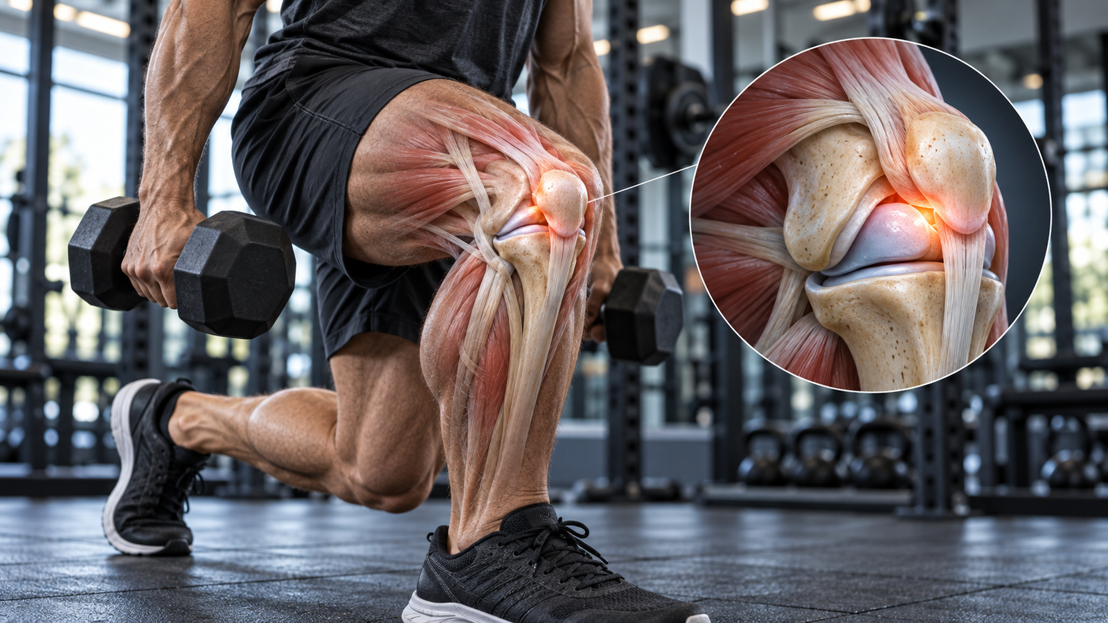 Knee anatomy showing gym-related patellofemoral pain and joint stress