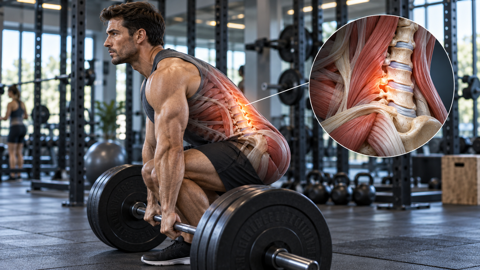 Lower back injury risk during heavy lifting with anatomical view of the lumbar spine