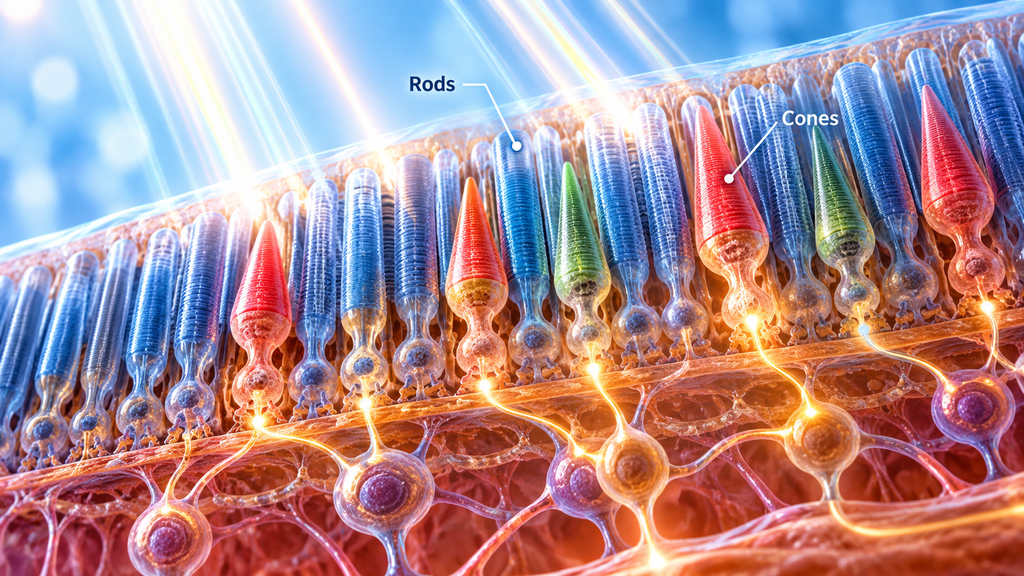 3D medical illustration of the retina showing rod and cone photoreceptors converting incoming light into electrical signals.