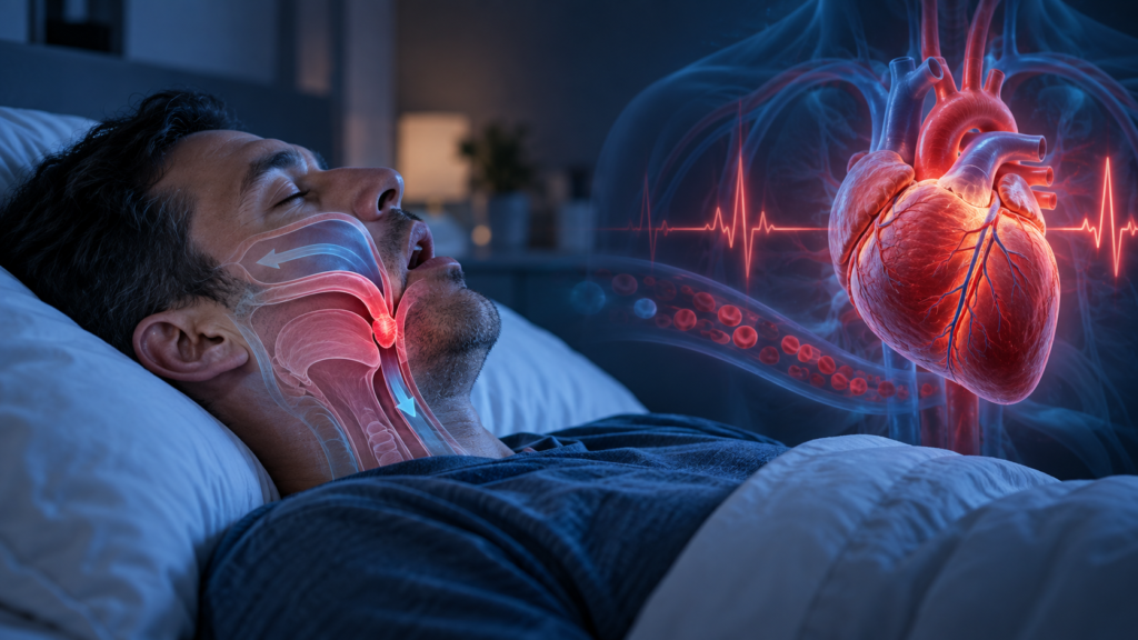 Sleep apnea affecting the heart, showing a sleeping person with obstructed airflow and cardiovascular stress.