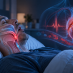 Sleep apnea affecting the heart, showing a sleeping person with obstructed airflow and cardiovascular stress.