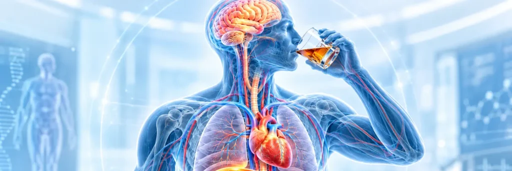 Alcohol effects on the body illustrated by a transparent human figure, showing the brain, heart, liver, and digestive system.