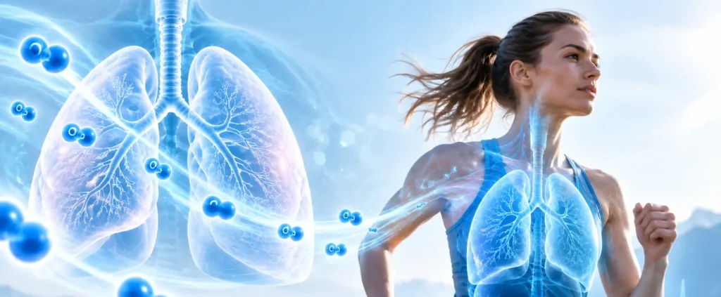 Female runner with a 3D illustration of the lungs and oxygen molecules, representing oxygen delivery and cardiorespiratory fitness during exercise.