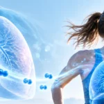 Female runner with a 3D illustration of the lungs and oxygen molecules, representing oxygen delivery and cardiorespiratory fitness during exercise.