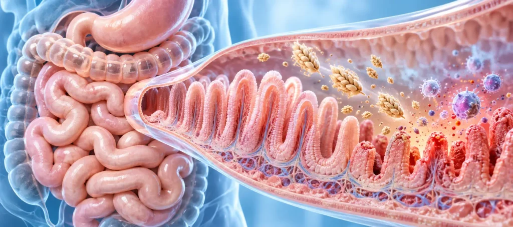 3D medical illustration of the small intestine showing healthy intestinal villi and damaged, flattened villi associated with celiac disease and gluten-triggered inflammation.