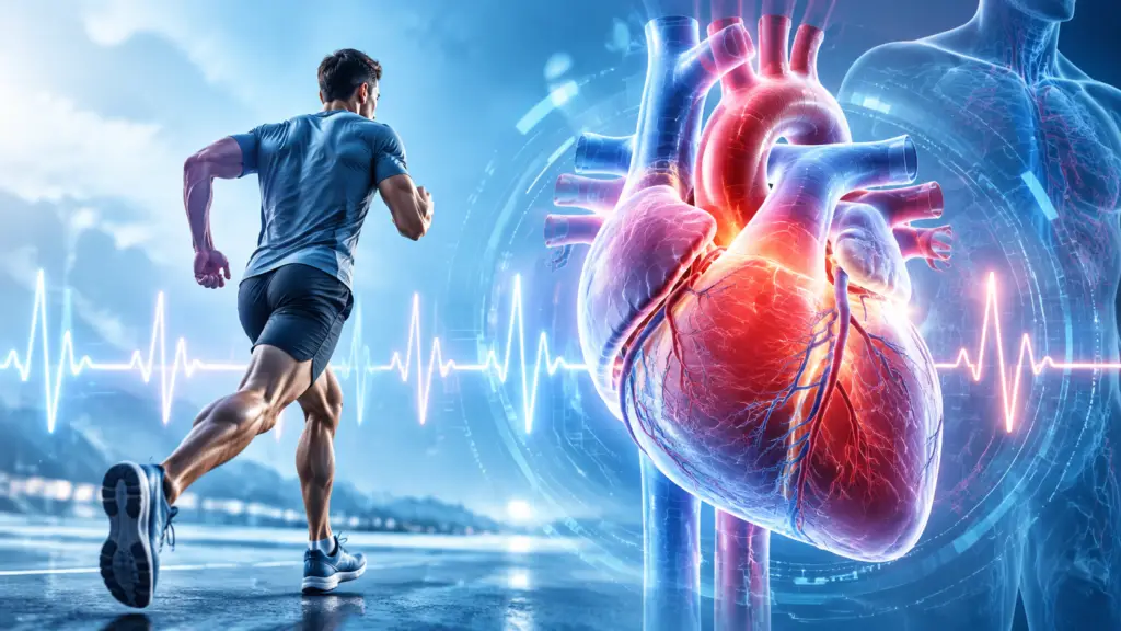 Runner in motion beside a large 3D anatomical heart with an ECG waveform on a blue medical background.