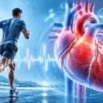 Runner in motion beside a large 3D anatomical heart with an ECG waveform on a blue medical background.