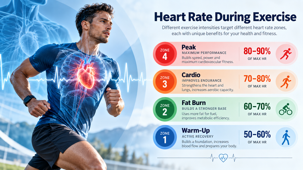 Athlete illustration showing different heart rate training zones during exercise
