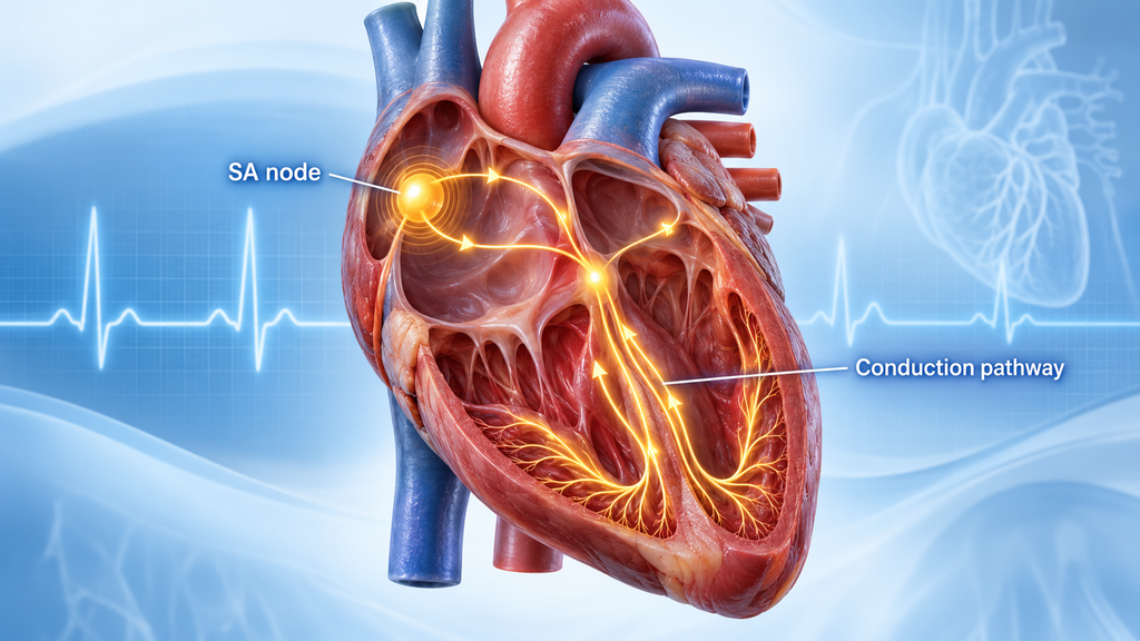 Diagram of the heart's electrical conduction system showing the SA node and conduction pathways