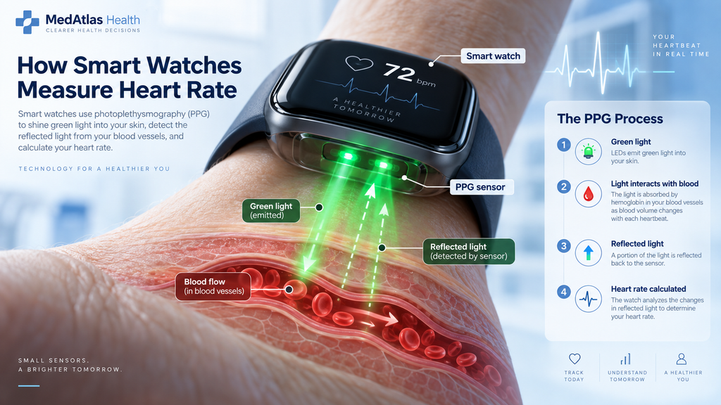 Smartwatch optical sensor measuring heart rate using light and changes in blood flow