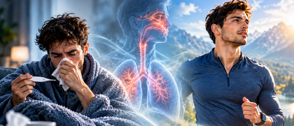 Comparison of a man experiencing cold and fever symptoms and a healthy athlete running, illustrating exercise during illness and recovery.