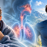 Comparison of a man experiencing cold and fever symptoms and a healthy athlete running, illustrating exercise during illness and recovery.
