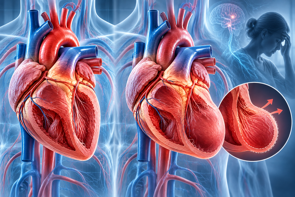 3D medical illustration comparing a normal heart with a heart affected by Takotsubo syndrome, showing changes in the shape of the left ventricle.