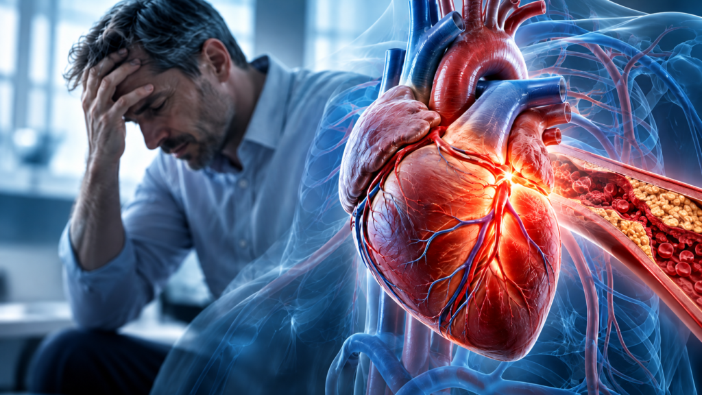 Medical illustration of a stressed man alongside an anatomical heart and a narrowed coronary artery, highlighting the connection between emotional stress and heart attack risk.