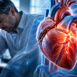 Medical illustration of a stressed man alongside an anatomical heart and a narrowed coronary artery, highlighting the connection between emotional stress and heart attack risk.