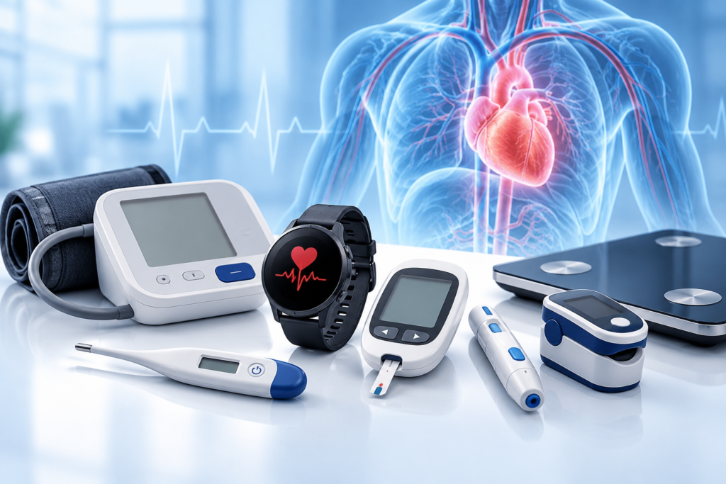 Home health monitoring devices including a blood pressure monitor, smartwatch, glucose meter, pulse oximeter, thermometer, and digital scale.