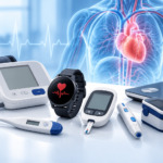 Home health monitoring devices including a blood pressure monitor, smartwatch, glucose meter, pulse oximeter, thermometer, and digital scale.